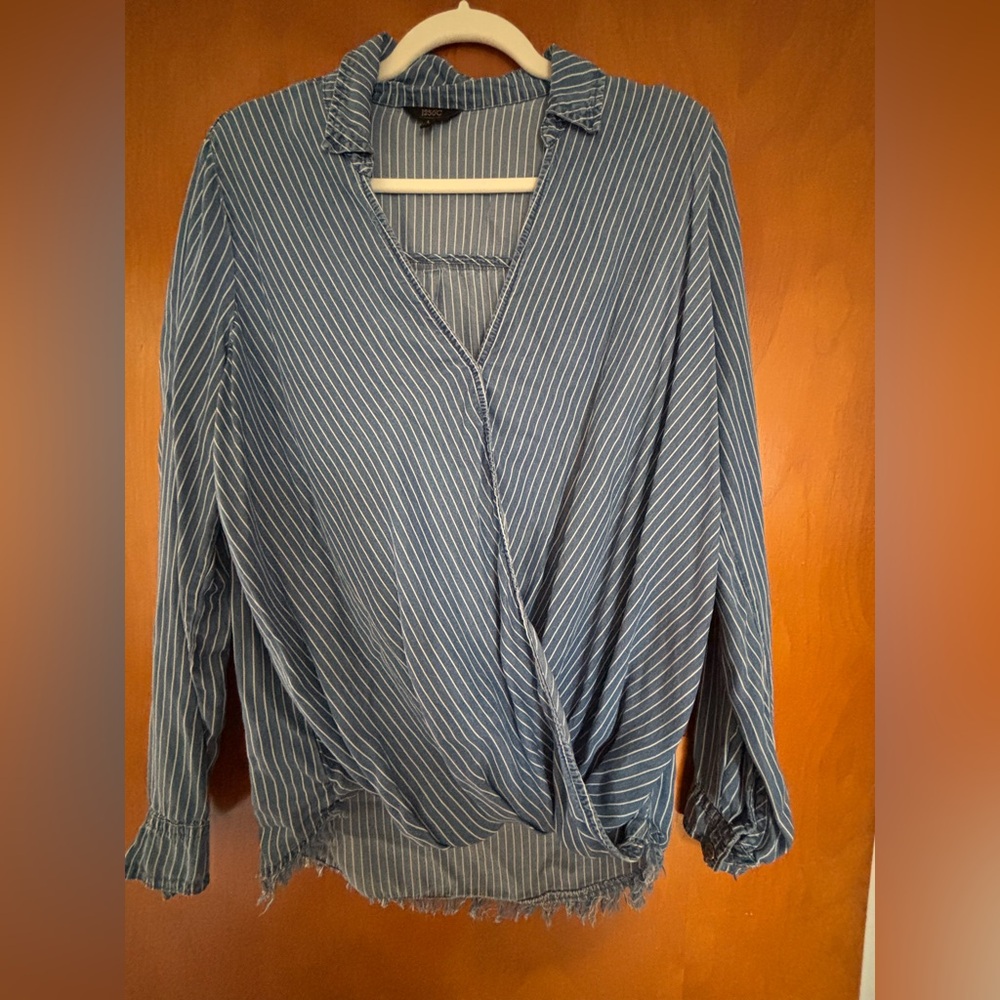 1250 degrees C Striped Wrap-Front Long-Sleeve Top in Blue
